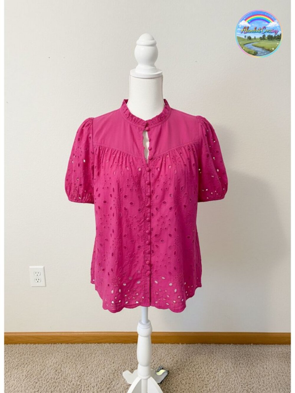 Womens Cotton Eyelet Embroidered Blouse Puff Sleeve Button Down Shirt